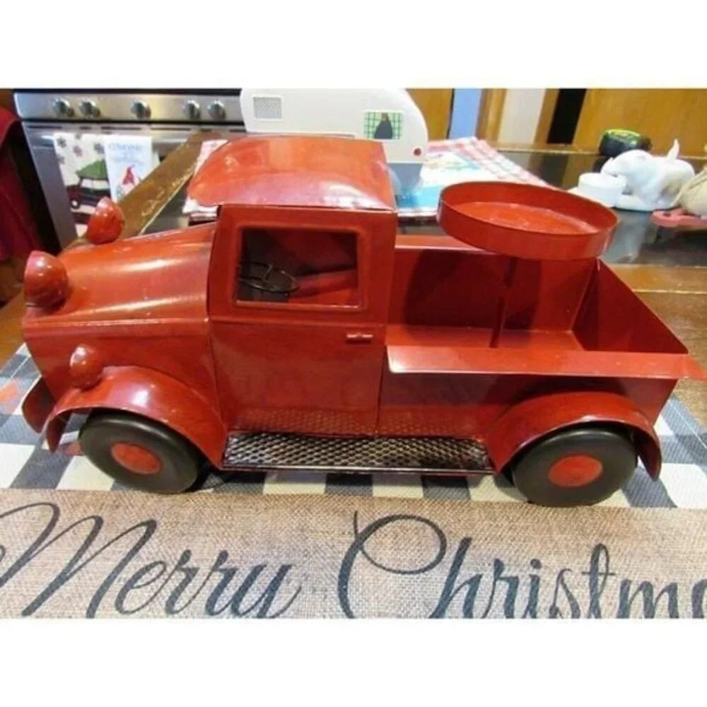 Red Christmas Truck Farmhouse Decor Candle Holder 12” Long Holiday